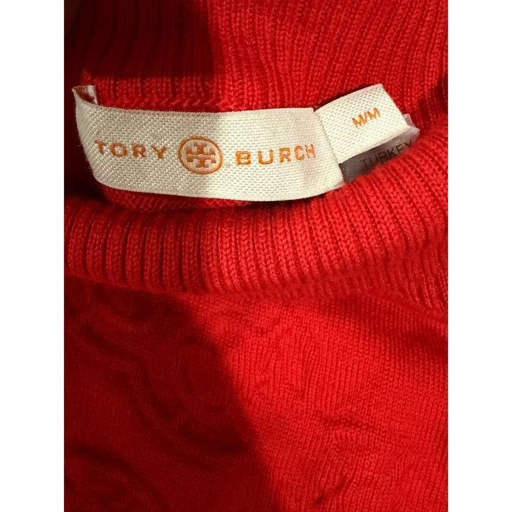 Tory Burch Red Merino Wool T-Monogram Logo Turtleneck Sweater Size M
